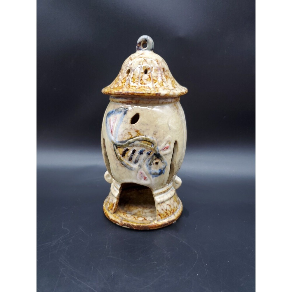 7" Clay Pottery Fish Hanging Candle Lamp Lantern Glazed Earth tones B39 - Picture 1 of 5